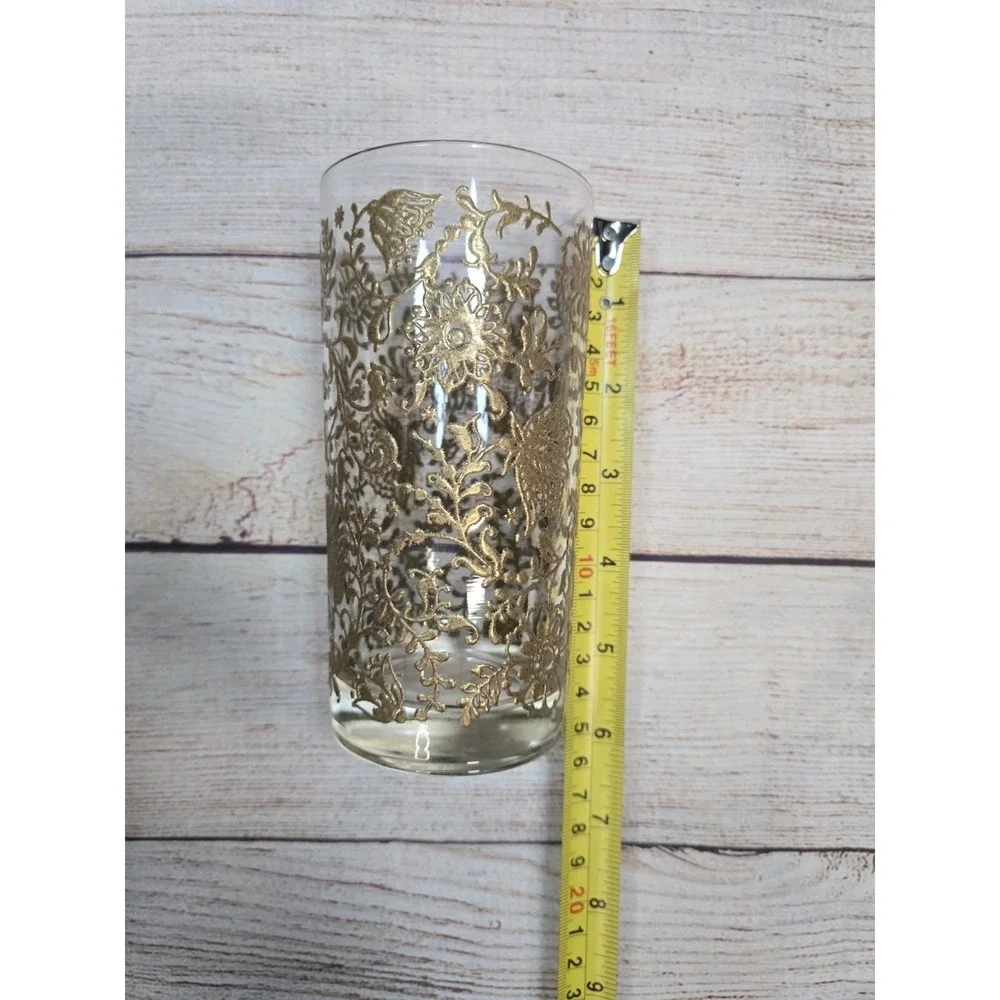 Mid Century Raised Painted Gold Floral‎ 8 Glass Water Bar Cups Vintage